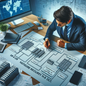 ICT engineer analyzing network infrastructure plans, including diagrams and blueprints, symbolizing expertise in ICT system planning and implementation.
