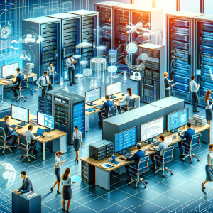 Illustration of a modern ICT services environment showcasing a diverse team of professionals working on computer networking, cybersecurity, and digital solutions.